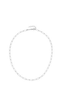 Silver chain necklace featuring elongated links, a smooth texture, and a lobster clasp with a short adjustable chain for size variation.