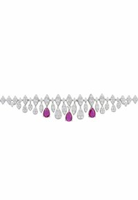 Silver necklace featuring a cascading design with marquise and pear-shaped diamonds, interspersed with pink teardrop gems.