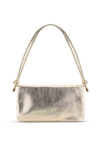 Metallinen kultainen clutch-laukku, jossa on sileä pinta. Varustettu solmittu kaksinkertainen hihna ja suorakulmainen muoto. Minimalistinen muotoilu ilman ulkoista varustusta.
