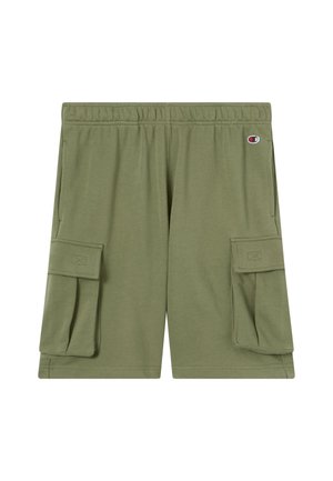 Olijfgroene cargoshorts van zachte stof met een elastische tailleband en twee zijzakken met kleppen. Logo op het rechterdijbeen.