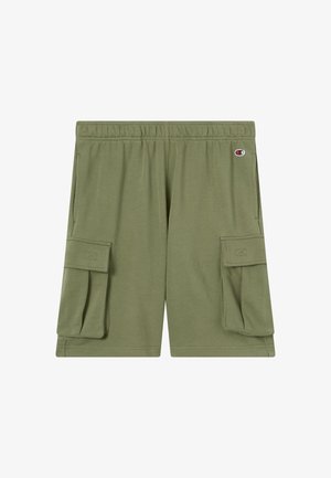 Olijfgroene cargoshorts van zachte stof met een elastische tailleband en twee zijzakken met kleppen. Logo op het rechterdijbeen.