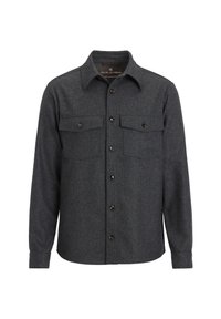 Dark gray wool shirt jacket with long sleeves, two chest pockets, button closure, and a pointed collar. Textured fabric enhances warmth.