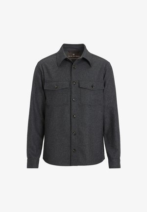 Dunkelgraue Wollshirtjacke mit langen Ärmeln, zwei Brusttaschen, Knopfverschluss und spitzem Kragen. Die strukturierte Stoffqualität sorgt für zusätzliche Wärme.