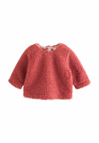 Czerwony, puszysty polarowy sweter z długim rękawem, okrągłym dekoltem i kwiatową podszewką. Miękka tekstura i luźny fason, idealny do noszenia na warstwy.