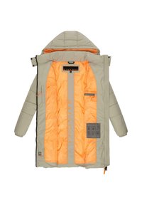 Gevoerde buitenjas in lichtgrijs met een oranje binnenkant. Voorzien van een capuchon, ritssluiting, elastische manchetten en een logo-detail.