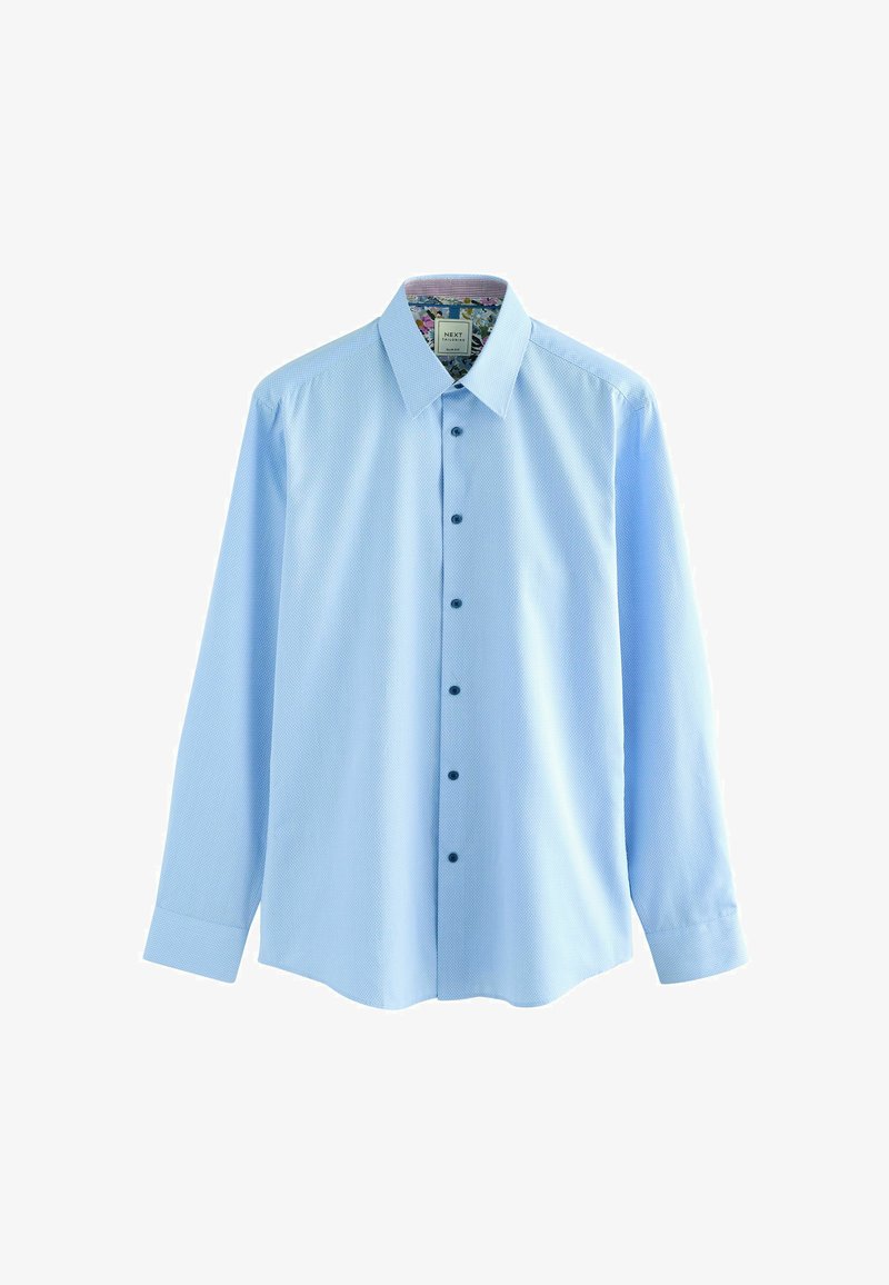 Helles blaues Langarmhemd mit strukturiertem Muster, geknöpftem Frontbereich und einem Blumenmusterbesatz innen am Kragen. Mit dunklen Knöpfen ausgestattet.