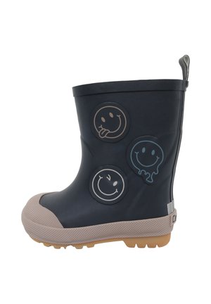 Donkerblauwe kinderregenlaars met beige zool, versierd met drie speelse smiley-patches aan de zijkant.