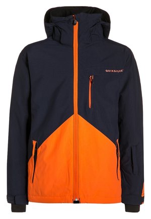 Dwukolorowa kurtka z granatową górną częścią i jaskrawo pomarańczową dolną, pomarańczowym zamkiem błyskawicznym, kieszenią na piersi i kapturem.