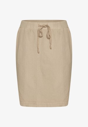 Falda de lino beige con cintura elástica y cordón, con un corte recto y una textura sutil. Sin patrones o acentos visibles.