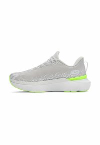 Light gray athletic shoe with a textured upper and neon green accents. Features a thick white sole and lace-up design.