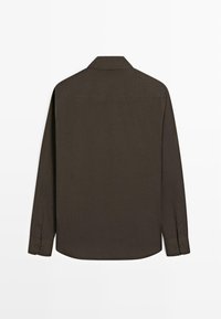Brown long-sleeve shirt with a classic collar, featuring button cuffs and a curved hem. Smooth texture, no visible patterns or accents.