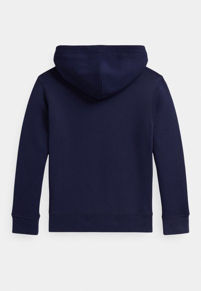 Tmavomodrá mikina s kapucňou a dlhými rukávmi zobrazená zozadu, s preloženou kapucňou a rebrovanými manžetami a lemom.