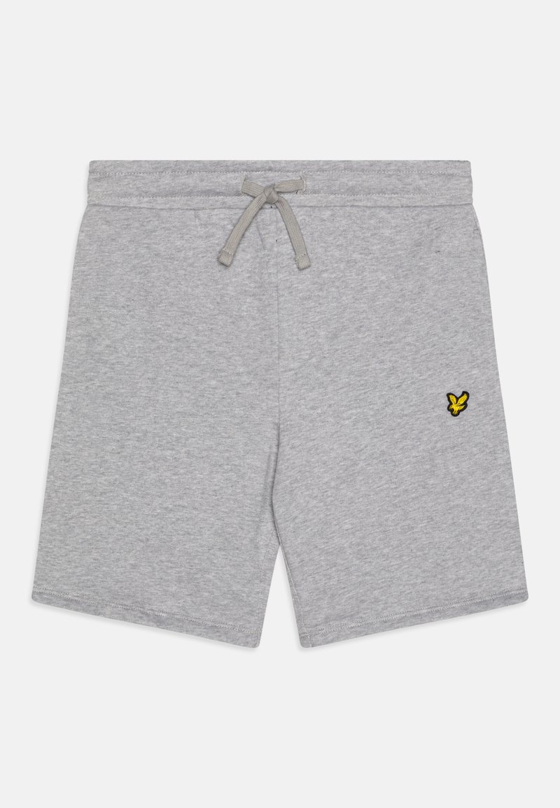 Shorts en coton gris avec une taille élastique et un cordon de serrage. Présente un petit logo brodé jaune sur la cuisse gauche. Texture douce.