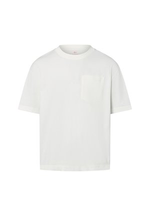 Weißes Kurzarm-T-Shirt aus Baumwolle. Mit Rundhalsausschnitt und einer einzelnen, quadratischen Brusttasche. Weiche Textur.