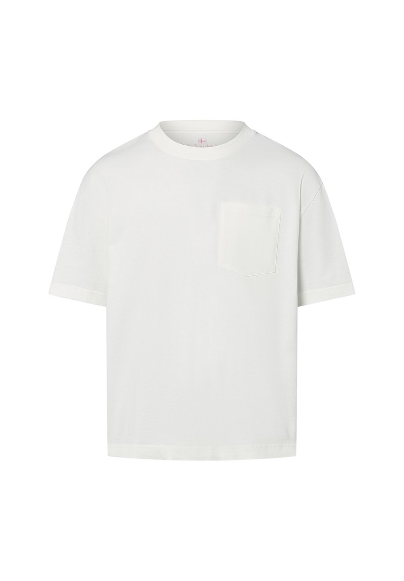 Weißes Kurzarm-T-Shirt aus Baumwolle. Mit Rundhalsausschnitt und einer einzelnen, quadratischen Brusttasche. Weiche Textur.