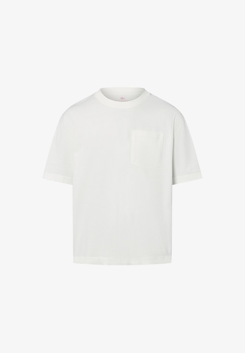 Weißes Kurzarm-T-Shirt aus Baumwolle. Mit Rundhalsausschnitt und einer einzelnen, quadratischen Brusttasche. Weiche Textur.