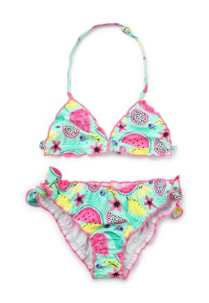 Set bikini triangolare con tessuto turchese brillante, decorato con motivi di frutta e dettagli rosa. Bordo arricciato e bottoni decorativi sul pezzo inferiore.