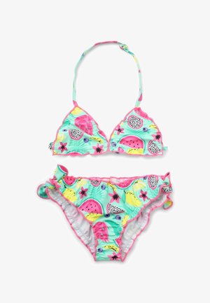 Set bikini triangolare con tessuto turchese brillante, decorato con motivi di frutta e dettagli rosa. Bordo arricciato e bottoni decorativi sul pezzo inferiore.