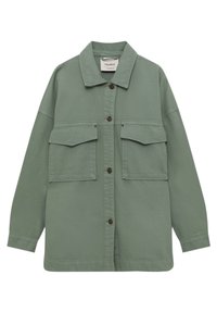 Green, cotton jacket with button-up front, long sleeves, and two chest pockets. Features a classic collar and is lightweight with a smooth texture.