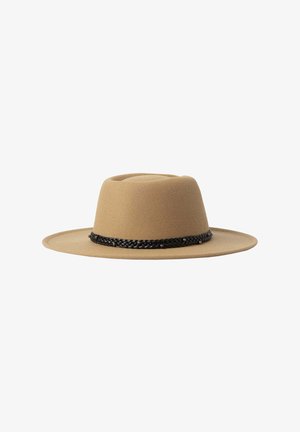 Tan felt hat with a wide brim, featuring a black braided band around the base and subtle decorative accents. Smooth texture.