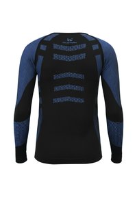 Long-sleeve athletic shirt in black and blue, featuring a textured pattern, form-fitting design, and contrasting shoulder accents.