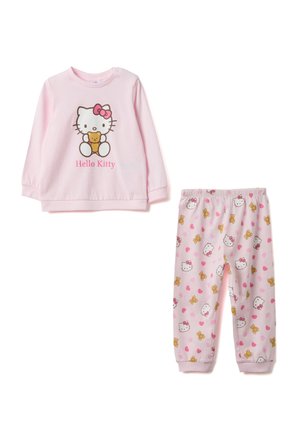 Rosa Baumwoll-Pyjama-Set mit langärmeligem Oberteil und "Hello Kitty"-Grafik. Die Hose ist mit wiederholenden Mustern von Kitty und Bären sowie pinken Herzen versehen.
