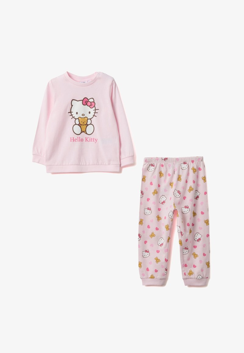 Rosa Baumwoll-Pyjama-Set mit langärmeligem Oberteil und "Hello Kitty"-Grafik. Die Hose ist mit wiederholenden Mustern von Kitty und Bären sowie pinken Herzen versehen.