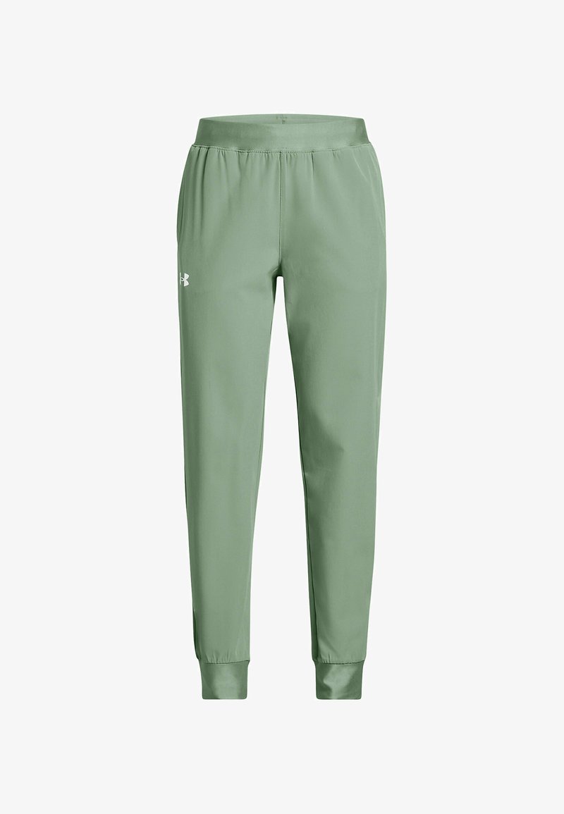 Pantalones deportivos en verde claro con cintura elástica y pierna afilada. Presentan un sutil brillo y un pequeño logo blanco en el lado izquierdo.