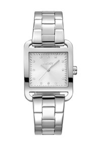 Silberne DKNY-Uhr mit rechteckigem Gehäuse, strukturiertem weißen Zifferblatt, acht Diamant-Stundenmarkierungen und einem metallischen Gliederarmband.