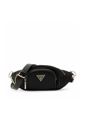 Sac banane Guess noir avec sangle réglable, deux compartiments zippés et accessoires dorés ornés du logo triangulaire de la marque.