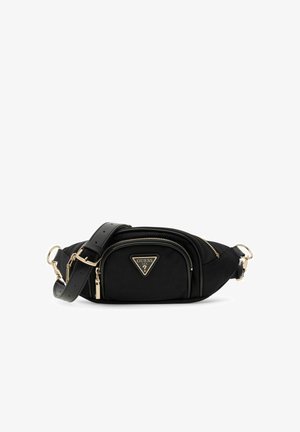 Sac banane Guess noir avec sangle réglable, deux compartiments zippés et accessoires dorés ornés du logo triangulaire de la marque.