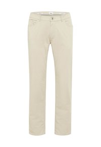 Pantaloni di cotone beige con design a gamba dritta, dotati di tasche frontali, passanti per cintura e chiusura con un unico bottone. Tessuto liscio.
