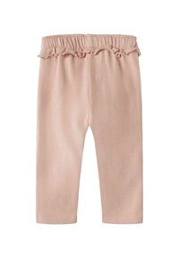 Leggings per neonati di un delicato rosa, con vita elasticizzata e bordo arricciato, gambe dritte e senza motivi o decorazioni visibili.