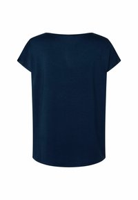 Marineblaues Kurzarm-Oberteil mit rundem Halsausschnitt, glatter Oberfläche und lockerer Passform, ohne sichtbare Muster oder Verzierungen.