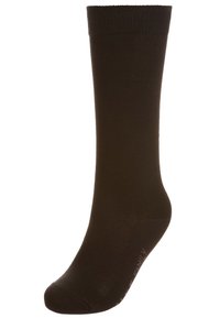 Czarne skarpetki do kolan wykonane z elastycznego materiału, o gładkiej teksturze i wzmocnionym palcu, bez dodatkowych wzorów czy akcentów.