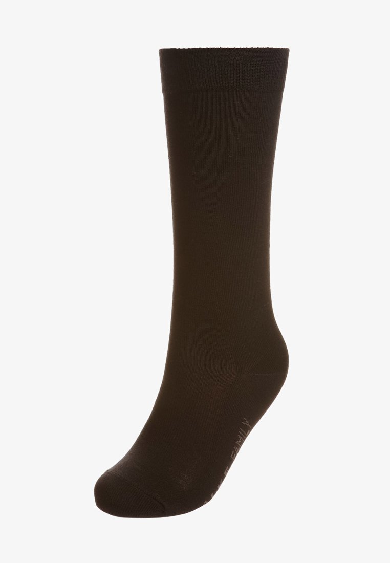 Czarne skarpetki do kolan wykonane z elastycznego materiału, o gładkiej teksturze i wzmocnionym palcu, bez dodatkowych wzorów czy akcentów.