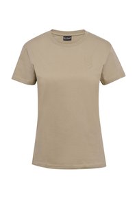Beige bomulds t-shirt med rund halsudskæring og korte ærmer. Har et subtilt chevron mønster på den øverste venstre side.