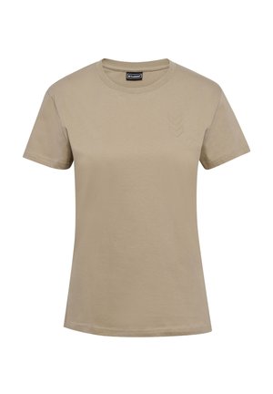 Beżowa bawełniana koszulka z okrągłym dekoltem i krótkimi rękawami. Posiada subtelny wzór w zygzak w lewym górnym rogu.