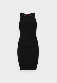 Čierne rebrované bodycon šaty s jednoduchým bezrámovým dizajnom a retiazkovým detailom na výstrihu. Má fitted siluetu.