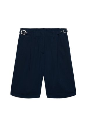 Marineblaue knielange Shorts mit verstellbaren seitlichen Schnallen und Falten vorne, dargestellt auf weißem Hintergrund.