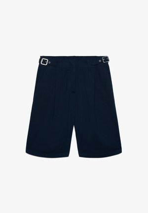 Pantaloncini blu navy al ginocchio con fibbie laterali regolabili e pieghe sul davanti, mostrati su sfondo bianco.
