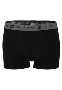 Boxer neri realizzati al 95% in cotone e al 5% in elastan, con una vita elastica grigia su cui è stampato ripetutamente "STARK SOUL".