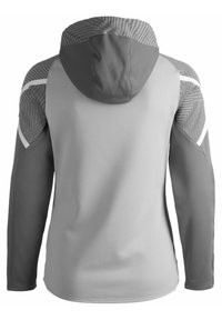 Felpa grigia con maniche lunghe, caratterizzata da pannelli spalla testurizzati di un grigio più scuro e modelli a strisce sottili sulla cappuccio e sui lati.