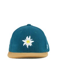 Türkisfarbene Fleece-Mütze mit cremefarbenem Blumenstickerei auf der Vorderseite, brauner Wildledervisier und zwei Belüftungsöffnungen an beiden Seiten.