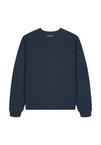Felpa blu navy a maniche lunghe e collo rotondo, realizzata in tessuto misto cotone. Presenta polsini e orlo a costine, con una texture liscia.