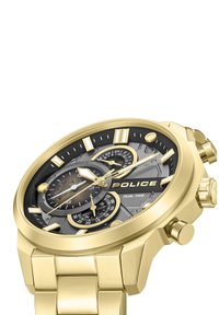 Ura z dvojnim časom v zlati barvi s črnim in sivim številčnico, ki ima teksturirano površino, svetlobne kazalce in tri podzaslone za dodatno funkcionalnost.