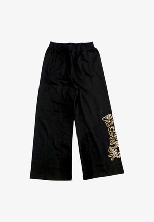 Pantaloni neri a gamba larga con vita elastica e tasche laterali. Dettaglio distintivo con grafica oro e stampa leopardata su un lato.