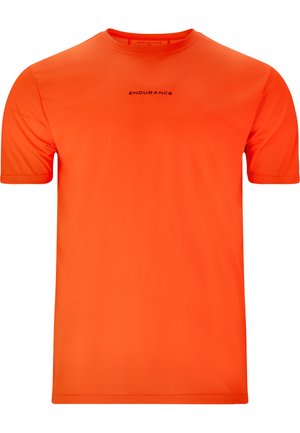 T-shirt de sport orange à manches courtes en tissu respirant. Présente un col rond et un logo noir "ENDURANCE" au centre.