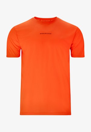 T-shirt de sport orange à manches courtes en tissu respirant. Présente un col rond et un logo noir "ENDURANCE" au centre.