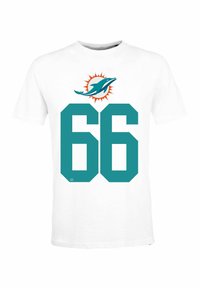 Camiseta de algodón blanca con el logo turquesa de los Miami Dolphins sobre el número 66 en una fuente en negrita. Textura suave, ajuste casual.